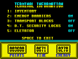 Die Alien Slime (ZX Spectrum) screenshot: Terminal information