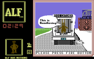 ALF: The First Adventure (Commodore 64) screenshot: Caught by the dog catcher...