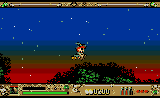 Super Cauldron (Amiga) screenshot: Flying around on a broom