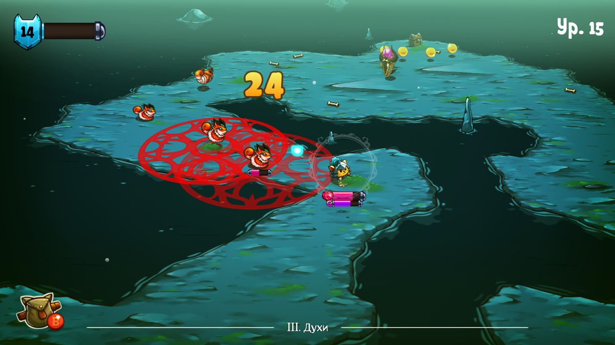 Cat Quest (Windows) screenshot: These red circles telegraph that the enemies will use fire magic in a second