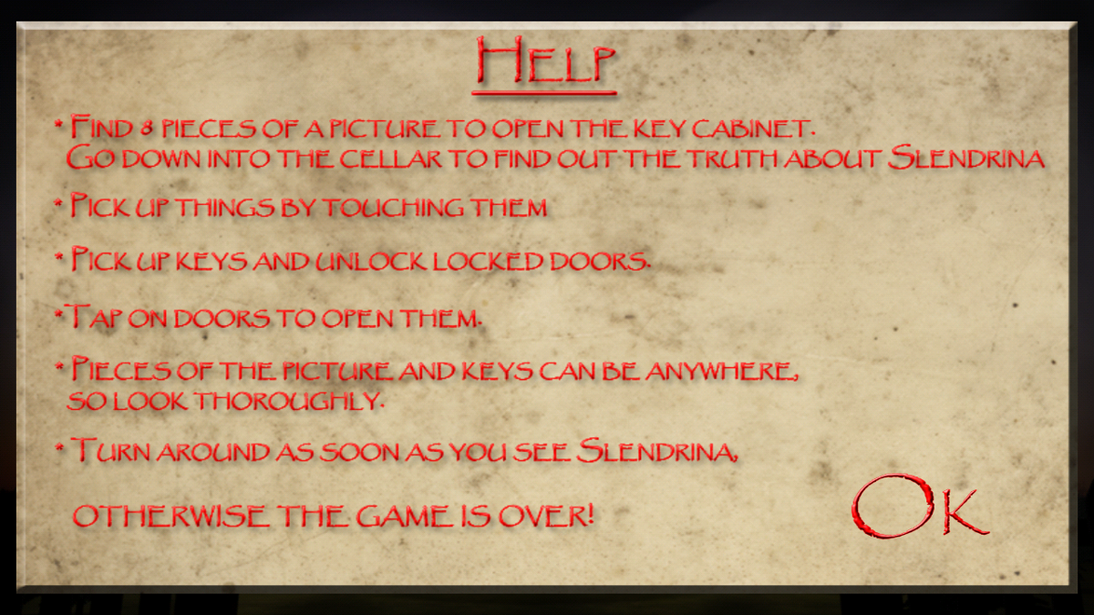 House of Slendrina (Android) screenshot: Help and instructions