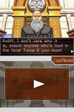 Phoenix Wright: Ace Attorney - Justice for All (Nintendo DS) screenshot: The Judge is super into the trial