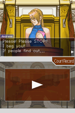 Phoenix Wright: Ace Attorney - Justice for All (Nintendo DS) screenshot: Adrian Andrews is confronted by Wright's reasoning