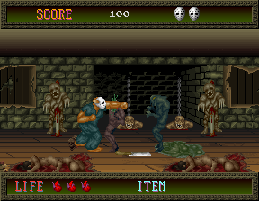 Splatterhouse (Arcade) screenshot: Bashing monsters upstairs