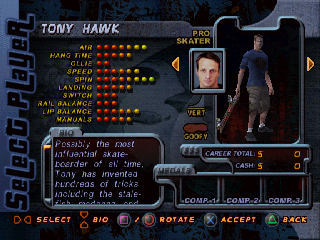 Tony Hawk's Pro Skater 2 (PlayStation) screenshot: Player select screen