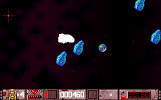 Suburban Commando (Amiga) screenshot: Battling asteroids in level one.