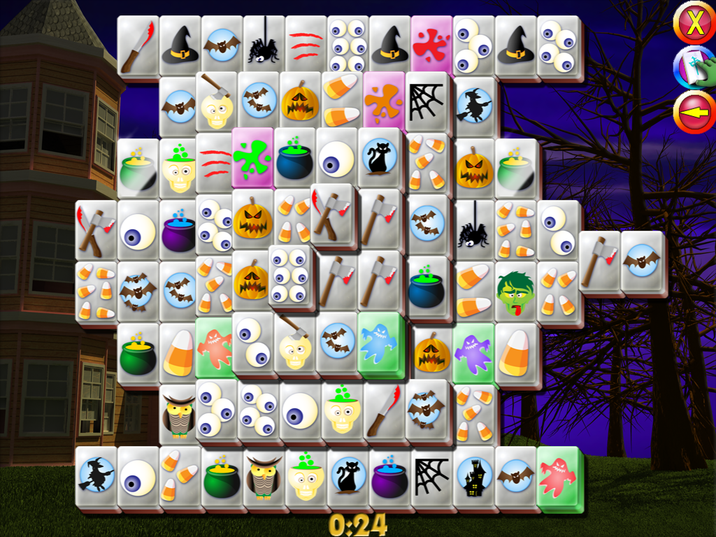 Mahjong Halloween (Windows) screenshot: A typical Mahjong layout. Clicking on Hint will make the game highlight one available match.