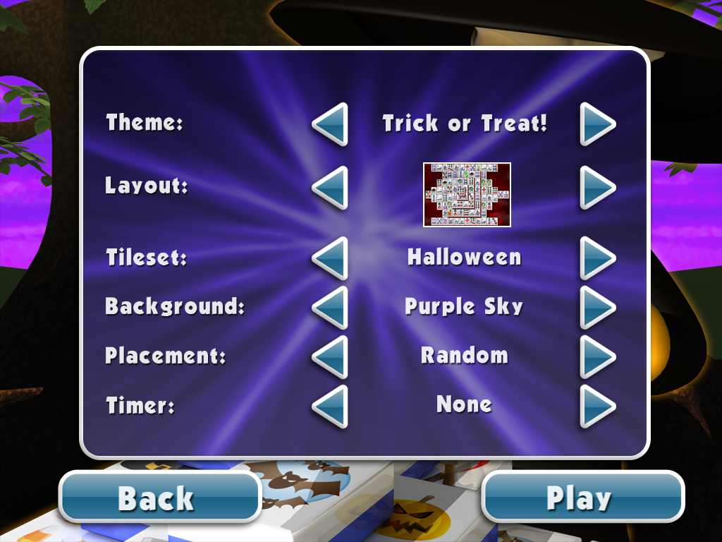 Mahjong Halloween (Windows) screenshot: The menu screen where you can choose your board layout, tileset, background image, and whether or not the layout can be cleared. Even then, it's not guaranteed you'll win...