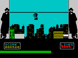 Hudson Hawk (ZX Spectrum) screenshot: movement on the cable