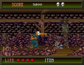Splatterhouse (Arcade) screenshot: Dead bodies and ghosts