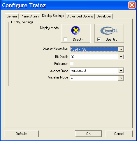 Trainz Simulator 2009: World Builder Edition (Windows) screenshot: Options - submenu The minimum resolution available is 1024x768