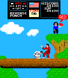 Karate Champ (Arcade) screenshot: Karate Champ - Player Vs Player - Point To The Red Fighter! Bastard!!