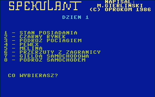 Spekulant (Commodore 16, Plus/4) screenshot: Game menu