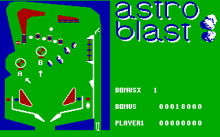 Pinball Construction Set (PC Booter) screenshot: Play-testing the Astro Blast table (Tandy/PCjr)
