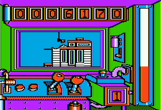 Fat City (Apple II) screenshot: Projectiles can be deflected by swinging your Big Ball of Steel
