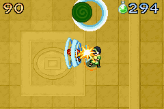 Avatar: The Last Airbender - The Burning Earth (Game Boy Advance) screenshot: Pushing Toph off the ring to beat her