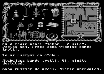 Inny Świat (Atari 8-bit) screenshot: Duel with a bunch of trolls