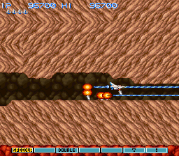 Gradius III (SNES) screenshot: Well, this is claustrophobic