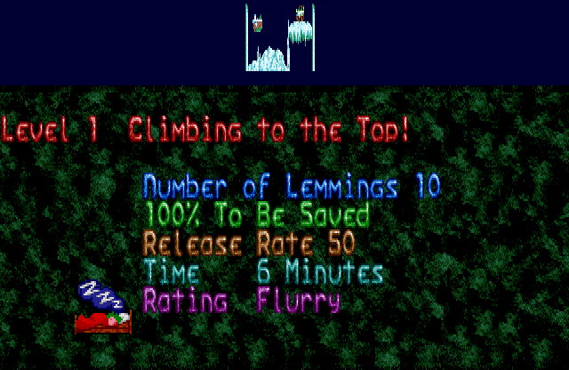 Holiday Lemmings (Amiga) screenshot: Before starting a level you are given the specific behind the challenge.