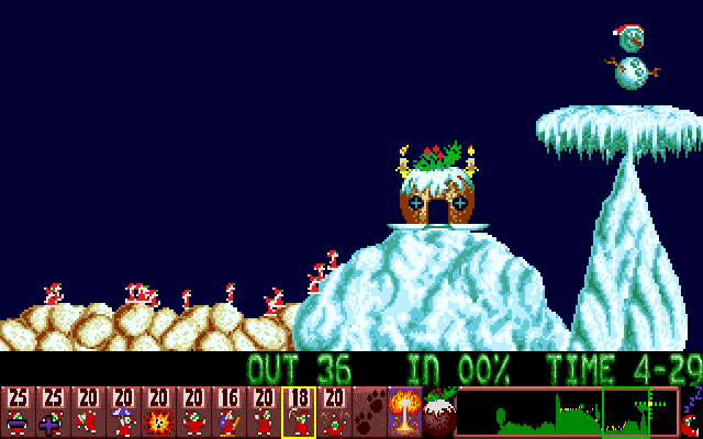 Holiday Lemmings (Amiga) screenshot: A happy bouncing snowman at the end of the level 4 area.