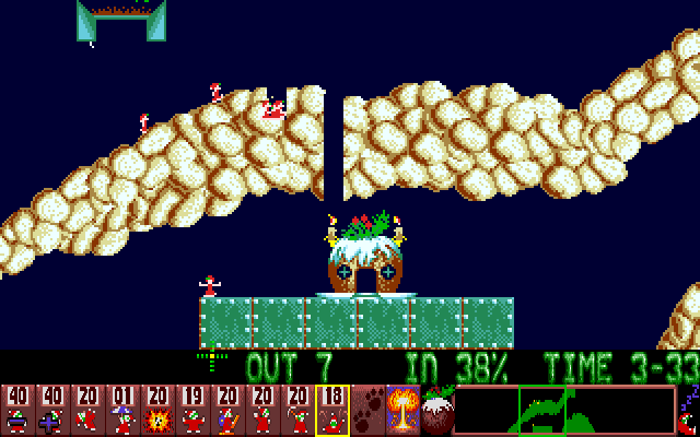 Holiday Lemmings (Amiga) screenshot: Level 5 starts to increase the difficulty.