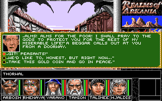 Realms of Arkania: Blade of Destiny (Amiga) screenshot: Random encounters can pop up as you explore. Here a beggar asks for some coin.