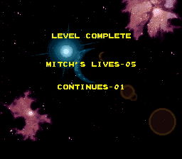 Doom Troopers: Mutant Chronicles (SNES) screenshot: Level complete. Each world contains 3 levels