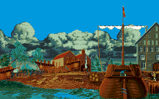 The Patrician (Amiga) screenshot: You can purchase, outfit and repair your boats at the shipyard.
