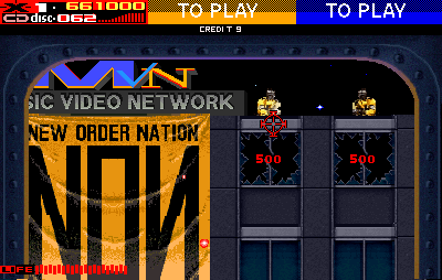 Revolution X (Arcade) screenshot: Enemies on roof