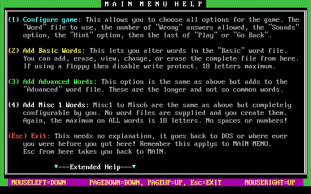 Hangman (DOS) screenshot: Help