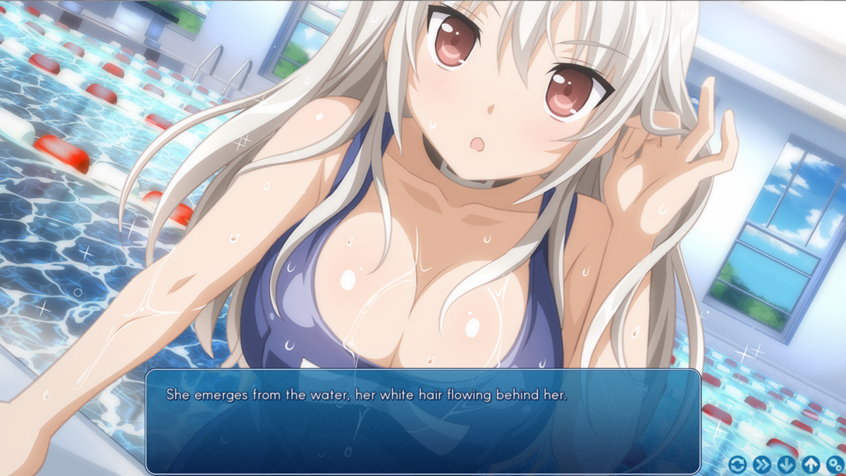 Sakura Swim Club (Windows) screenshot: When I get out of the water because i'm tired, Hiromi checks if i'm alright