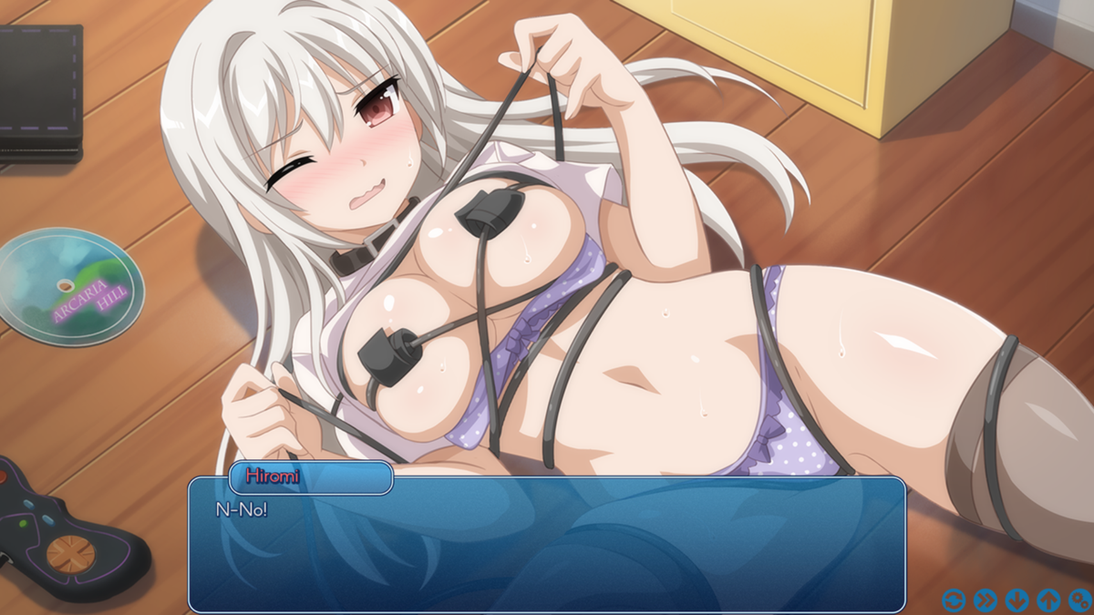 Sakura Swim Club (Windows) screenshot: Hiromi falls down, getting caught up in the cord of my gaming console