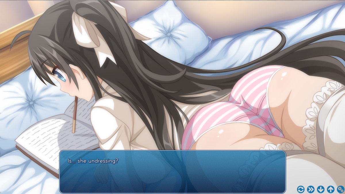 Sakura Swim Club (Windows) screenshot: Apparently she likes to get comfortable when studying