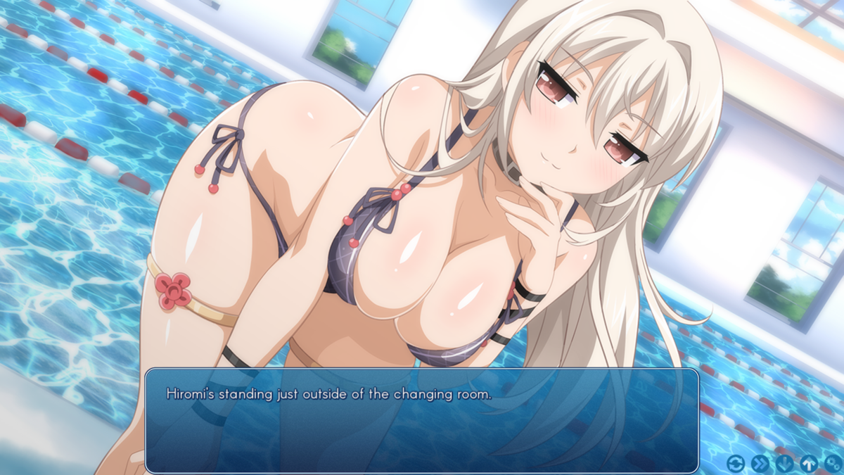 Sakura Swim Club (Windows) screenshot: The annual school festival is underway and the girls have a surprise for me (since we formed a harem), Hiromi is showing of her new bathing suit