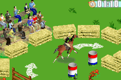 Barbie Horse Adventures: Blue Ribbon Race (Game Boy Advance) screenshot: Riding pass the audience