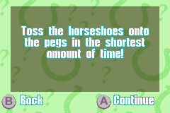 Barbie Horse Adventures: Blue Ribbon Race (Game Boy Advance) screenshot: "Horseshoes" game introduction