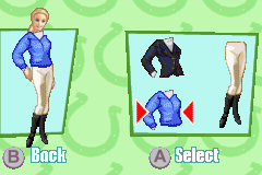 Barbie Horse Adventures: Blue Ribbon Race (Game Boy Advance) screenshot: Selecting an outfit