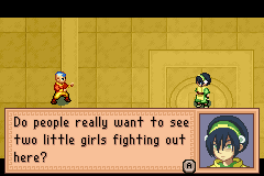 Avatar: The Last Airbender - The Burning Earth (Game Boy Advance) screenshot: Aang trying to ask Toph to teach him Earthbending.
