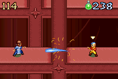 Avatar: The Last Airbender - The Burning Earth (Game Boy Advance) screenshot: Using Katara's water whip as a saw to sabotage Fire Nation's drill
