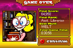 Bookworm Deluxe (Game Boy Advance) screenshot: Final score and ranking