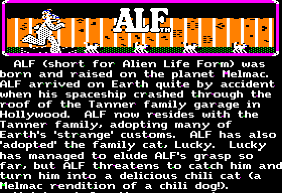 ALF: The First Adventure (Apple II) screenshot: The game introduction