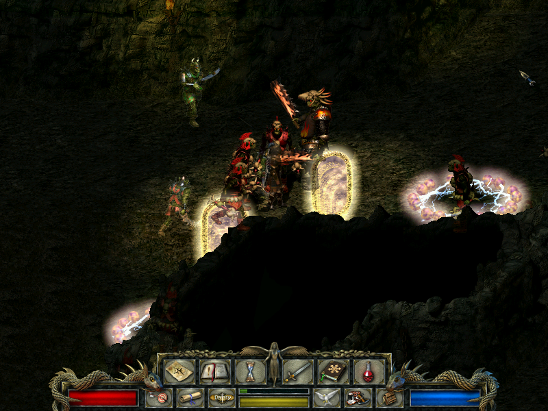 Divine Divinity (Windows) screenshot: Ouch... as soon as I enter this tough dungeon, all sorts of orcs begin to attack me. They teleport out of glowing circles and do other nasty things