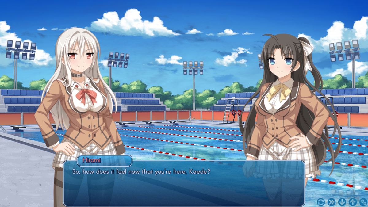 Sakura Swim Club (Windows) screenshot: At the swimming finals, I really need to win to convince my dad to let me stay at this school, and to prove i'm not an idiot