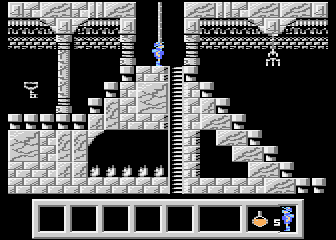 Deimos (Atari 8-bit) screenshot: Key and falling spikes