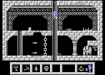 Deimos (Atari 8-bit) screenshot: Going down the ladder