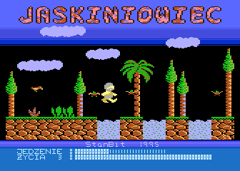 Jaskiniowiec (Atari 8-bit) screenshot: Jumping over water