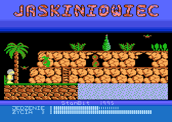 Jaskiniowiec (Atari 8-bit) screenshot: By the lake