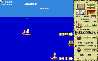 Discovery: In the Steps of Columbus (Amiga) screenshot: The first ships leave port to discover the new world.