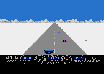 The Great American Cross-Country Road Race (Atari 8-bit) screenshot: Snowy road to Milwaukee