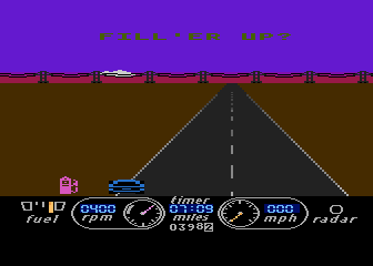 The Great American Cross-Country Road Race (Atari 8-bit) screenshot: Filling up in the evening
